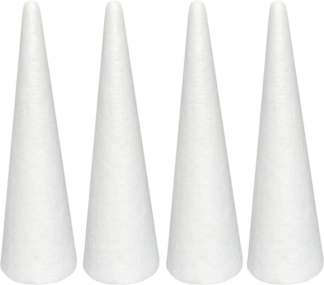 Crafjie Foam Cones for DIY Arts and Crafts (3.55 x 11.8 in, 4 Pack), White Polystyrene Christmas Tree Foam Cones Craft Supplies, for DIY Home Craft Project, Christmas Tree, Table Centerpiece