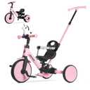 RIDYEE 5in1 Toddler Tricycle for Ages 1.5–3, Parent Steering Push Trike, ToolFree Convertible to Balance Bike, Safety Belt, Removable Backrest and Footrest, RideOn Toy for Boys & Girls, Pink