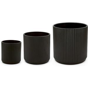 Amazon Basics Fluted Ceramic Round Planters with Drainage Hole, Indoor Outdoor Flower Pots, Assorted Sizes 6, 8, 10 inch, Set of 3, Black