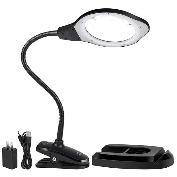 Magnifying Glass lamp, Dylviw 2X Magnifier Light with Metal clamp, Table Base Holder USB Powered Classic Black Portable Clip Desktop Magnifying lamp, Great for Daily Reading, Hobbies, Workbench