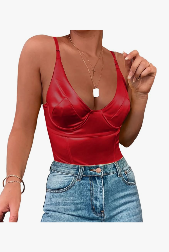 Velius Women's Sexy Metallic Shiny Bodysuit Tank Tops for Night Club Going Out Size -XXL, Red 