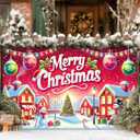 Merry Christmas Banner 71x43 Inches Winter Wonderland Village Snowman Christmas Tree Holiday Decoration Red House Snow Scene Indoor Outdoor Wall Hanging Party Yard Dcor