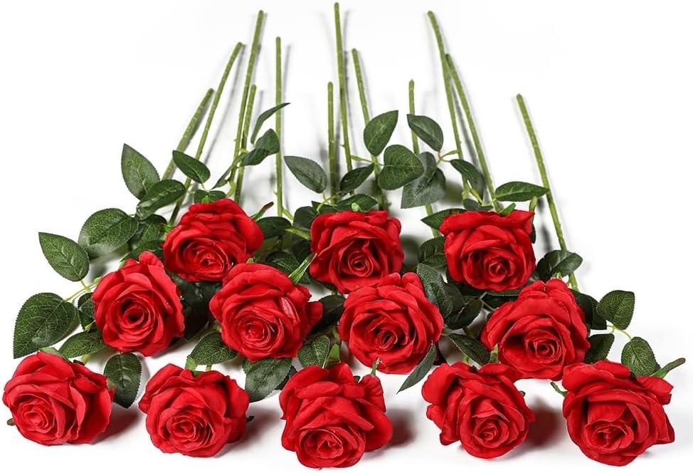 Kisflower 12 Pcs Red Roses Artificial Flowers with Stems Silk Roses Fake Rose Realistic Flower Bouquet for Wedding Party Office Home Decor (Red)
