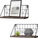 Mkono Floating Shelves Wall Mounted Set of 2 Rustic Wood Storage Display Shelf with Metal Wire Basket 11.5 Inches, Hanging Shelf for Bedroom Bathroom Living Room Kitchen Office, Black,Small