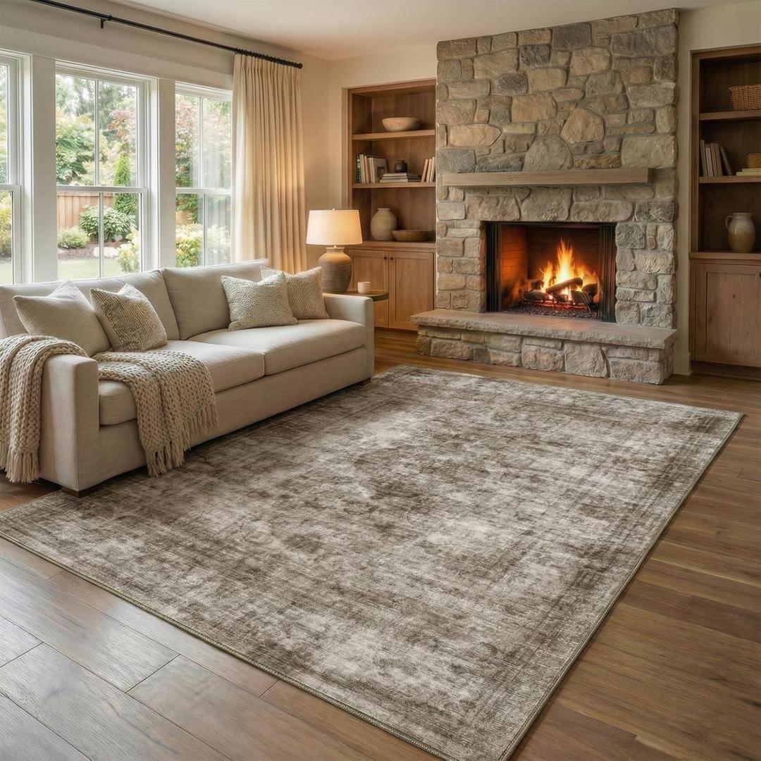 Homemate Washable Rug 5x7 Area Rugs - Vintage Faux Wool Rugs for Living Room Bedroom Dining Room - Non Slip Foldable Carpet Indoor Area Rug for Home Decor, Brown