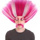 HPO King Troll Wig with Eyebrows and Mustache | Pink with White Stripes Wigs for Teen Sizes | Halloween Troll Cosplay and Themed Party Wig (Silver/Pink Kids)