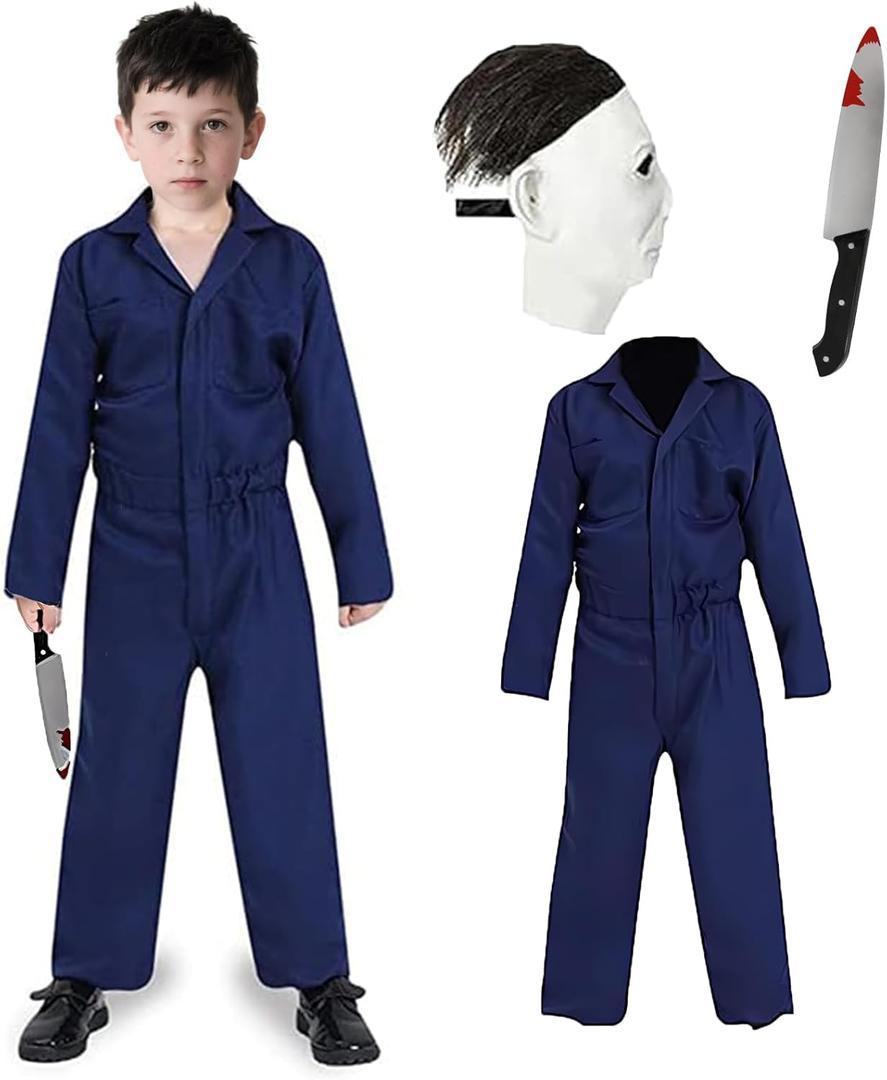 Halloween Killer Costume Kids Blue Coveralls Jumpsuit Scary Mask Knife Outfit Horror Cosplay Suit for Boys Girls (Medium)