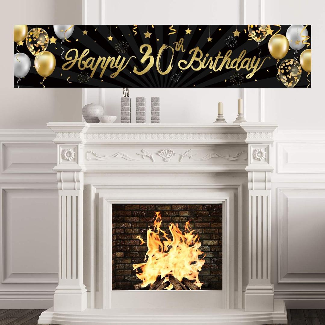 Happy 30th Birthday Banner for Men Women Sign Black Gold Glitter 30 Years Old Birthday Party Decorations Supplies Anniversary Celebration Backdrop