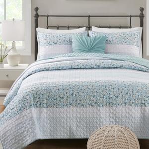Madison Park King Quilt Set, Seersucker Floral Coverlet, All Season Lightweight Microfiber Bedding Quilt Set, Vermicelli Quilting Design, Throw Pillow, Caralie, King/Cal King Aqua 4 Piece