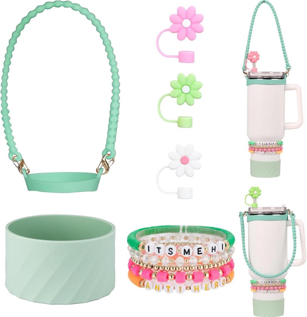 9Pcs Stanley Cup Accessories Set for 40oz  30oz Stanley CupIncluding Straw Covers Cap,Boot,Charm,Water Bottle Sling for 8-40oz Bottles,Bracelets (Green)