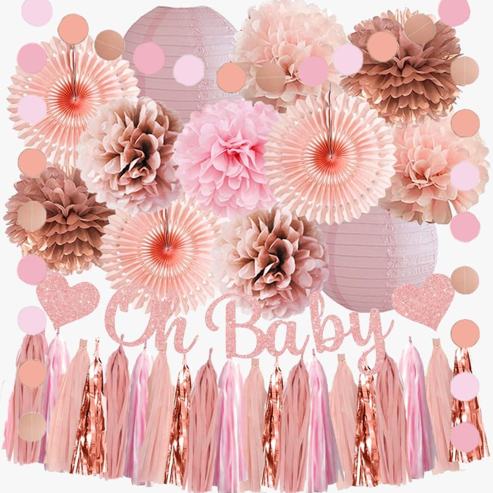 Pink Baby Shower Decorations Girl Baby Shower Decorations Pink Rose Gold Light Blush Pink and Rose Gold Baby Shower Decorations Dusty Rose Poms Pastel Fans Lanterns with Banner Tassel Garland