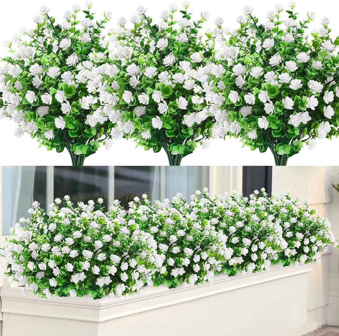 GREENRAIN Artificial Flowers Outdoor Fake Flowers for Decoration UV Resistant No Fade Faux Plastic Plants Garden Porch Window Box Dcor (18 Bundles, 4#White)
