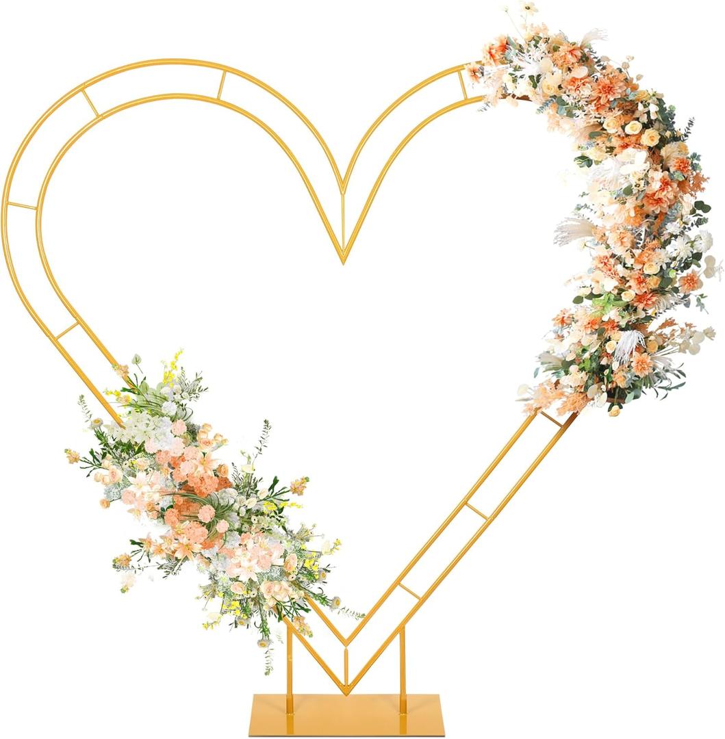 7FT Heart Arch Stand Double Heart Shaped Balloon Stand Wedding Arch for Proposal Ceremony Valentine's Day Birthday Party Baby Shower Decoration (Gold)