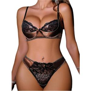 OYOANGLE Women's Sexy Lingerie 2 Piece Lace Bow Tie Underwire Push Up Silk Bra and Panty Lingerie Sets Brown X-Large