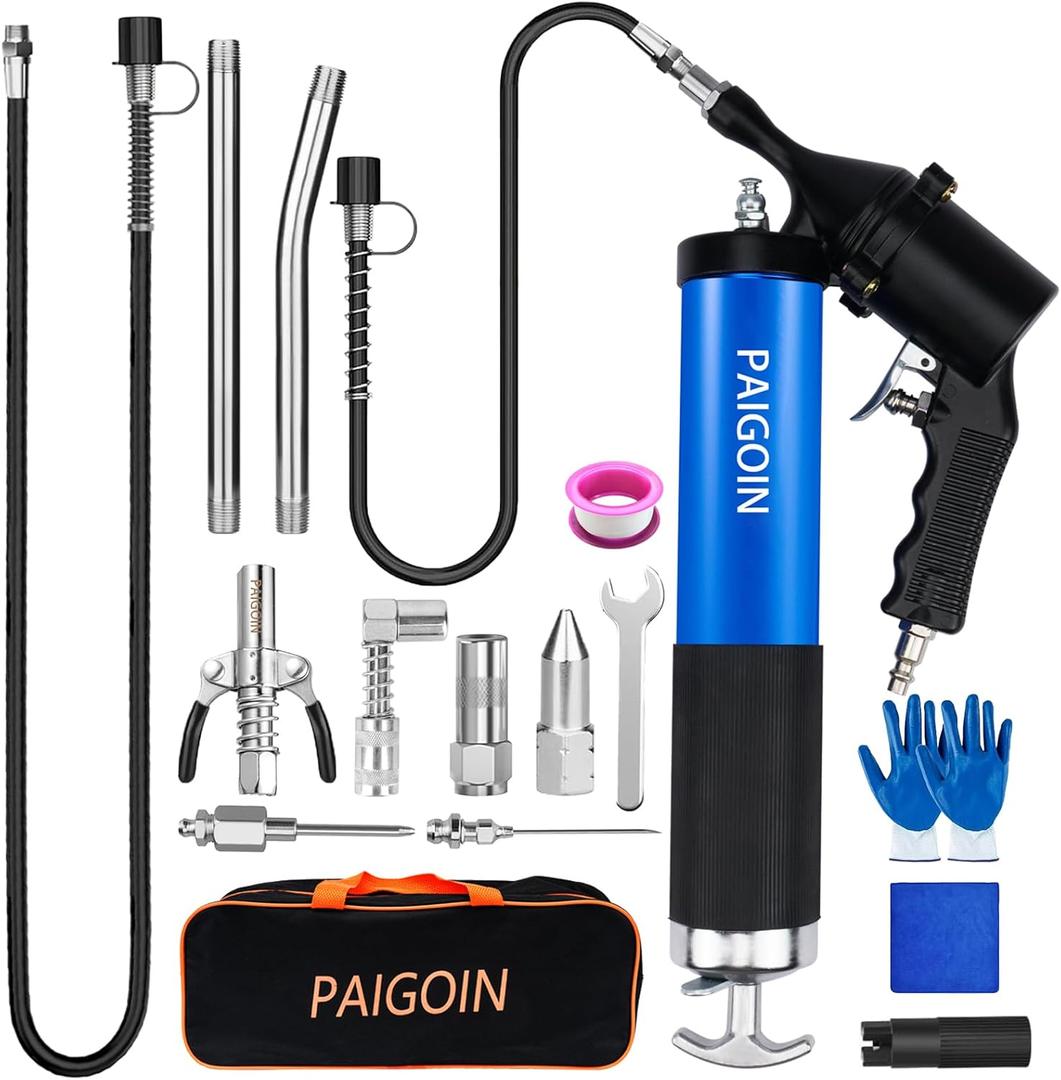Pneumatic Grease Gun Kit 6000 PSI Heavy Duty 14 OZ Pistol Grip Grease Guns with 19" & 28" Spring Flex Hose,Quick Release Coupler,90 Degree Adapter,2 Needle Tips,2 Nozzles,2 Extension Tubes (Blue+Black)