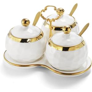Foraineam Porcelain Condiment Pot Sugar Bowl Spice Jars with Lid, Spoon and Tray, Salt Container Spice Box Seasoning Pots, White Sugar Salt Bowls Set for Kitchen, Restaurant, Coffee Bar, Set of 3
