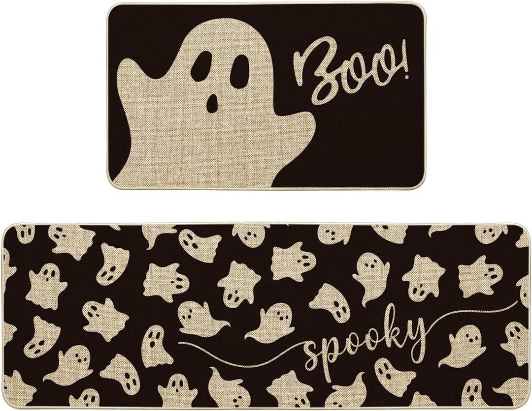 Artoid Mode Spooky Ghosts Boo Halloween Kitchen Mats Set of 2, Black Home Decor Low-Profile Kitchen Rugs for Floor - 17x29 and 17x47 Inch