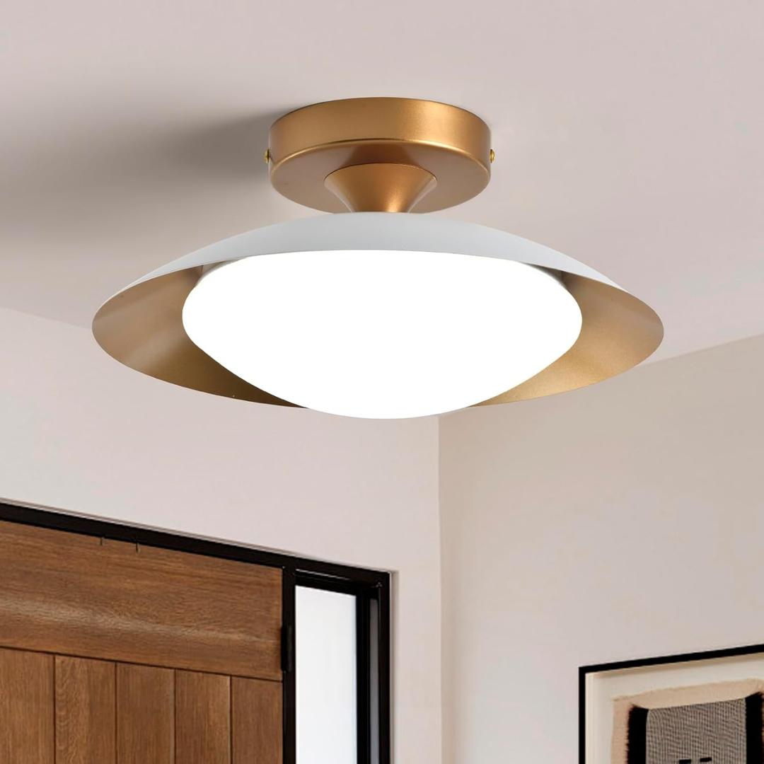 Dimmable Metal LED Flush Mount Ceiling Light, 5CCT 2700K-6000K White and Gold Close to Ceiling Lighting Fixtures, Mid Century Ceiling Lamp for Bedroom, Kitchen, Hallway, Laundry Room (11.8in)