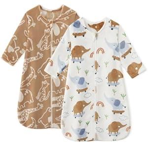 Unnivoll Fleece Baby Sleep Sack 0-6 Months Long Sleeve 2.0 Tog Baby Wearable Blanket with 2-Way Zipper Warm Sleeping Sack for Toddler Infant Newborn - Small Brown & White Elephant