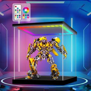LASOA Acrylic Display Case with RGBW Color Changing LED Light, Clear Display Box for Action Figures and Collectibles, Self-Assembly Dustproof Showcase with Black Base, 11.8x11.8x11.8inch