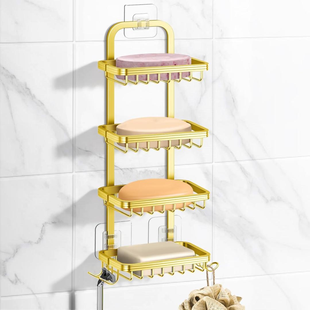 4 Tier Soap Bar Holder for Shower, Aluminum Wall Mounted Rustproof Soap Holder with 4 Hooks and Razor Holder, Shower Rack Soap Tray Bar Soap for Bathroom Accessories Organizer Gold