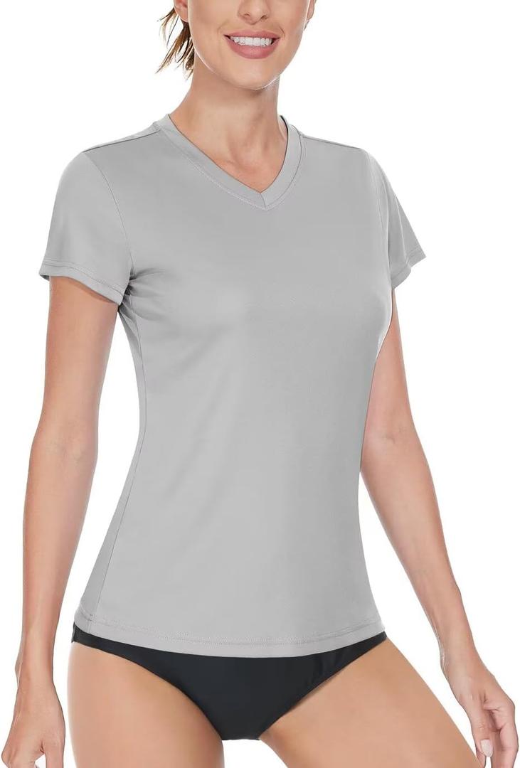 Boladeci Women's Swim Shirts - UPF 50+ Sun Protection Short Sleeve V Neck T-Shirts Workout Tops (Gray, S)