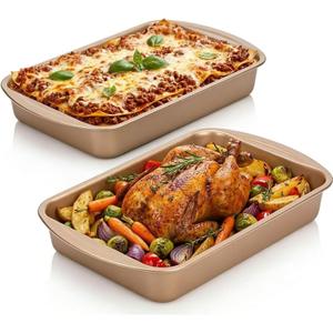 9x13 Nonstick Baking Pan 2 Pack Heavy-Gauge Carbon Steel Cake PanWarp-Resistant & PFOA Free, Even Heating for Lasagna, Sheet Cake, Brownies & Meal Prep, Wide Handles Golden