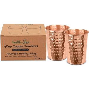 HealthAndYoga qCup Pure Copper Tumblers for Drinking - Ayurvedic Health Pure Copper Cups – 2 pcs. set - 250 ml.(8 fl oz) (Hammered)