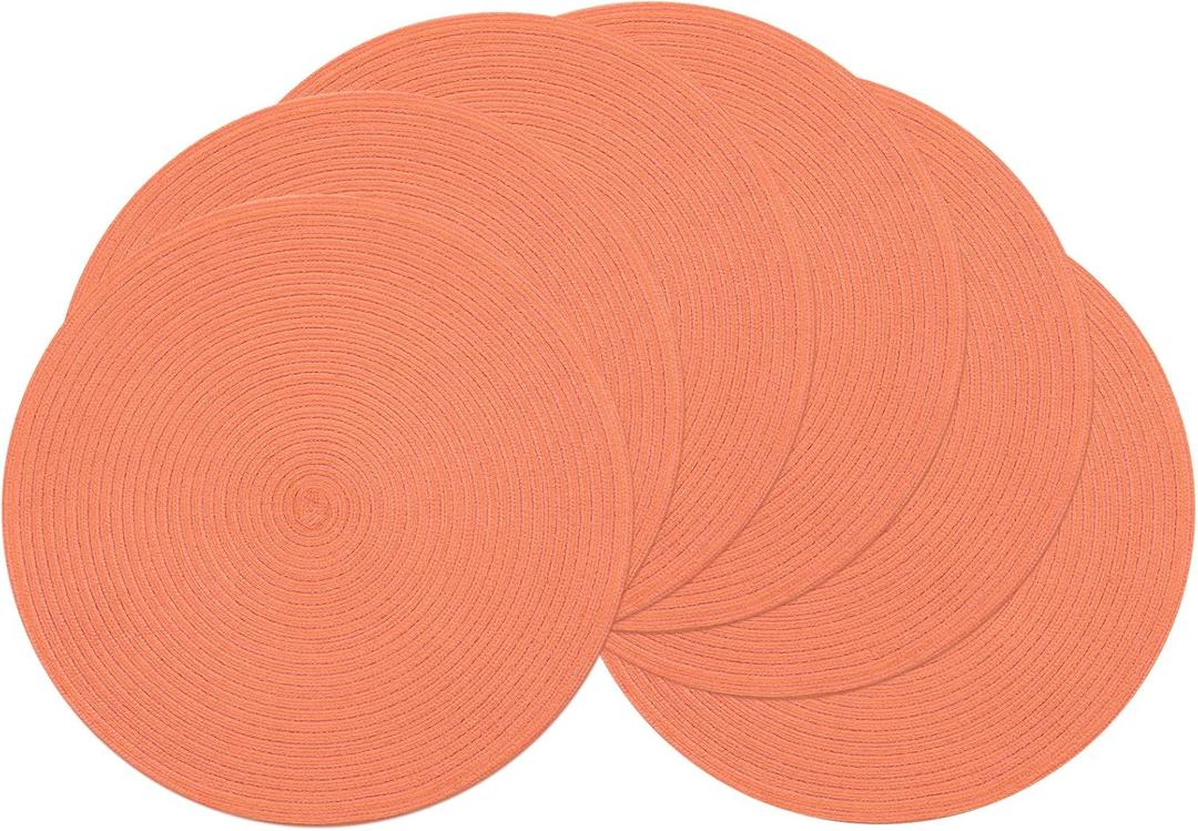 SHACOS Round Braided Placemats Set of 6 Washable Cotton Polyester Round Placemats for Kitchen Table 15 inch Round Table Mats (Coral, 6)