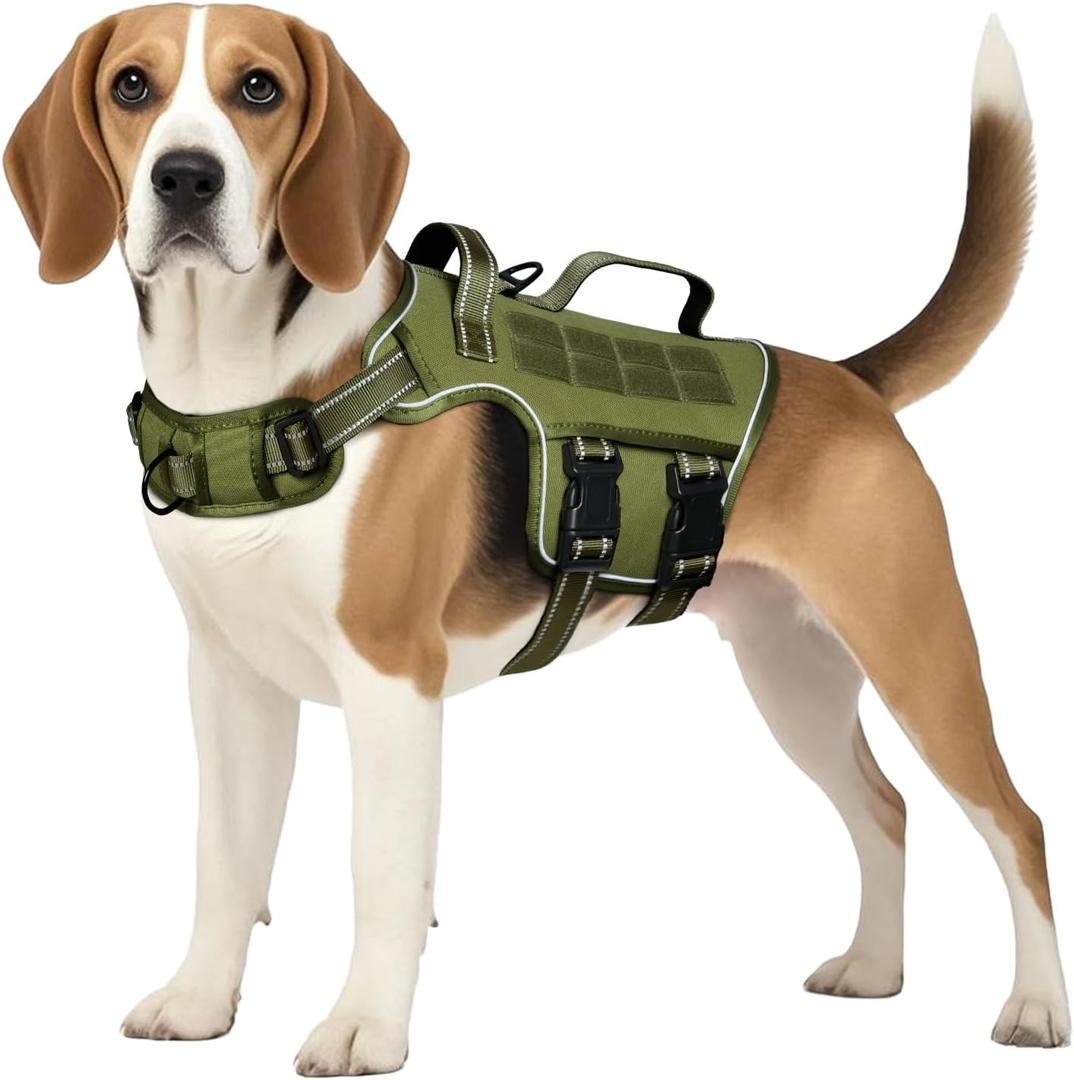 Tactical Dog Harness Medium Sized, Heavy Duty No Pull Dog Harness with Handle, Easy On and Off Service Dog Vest with Molle System, Reflective Pet Vest for Walking Hiking Training (M(Neck:17-23",Chest:22-32"),35-50 lbs, Green)