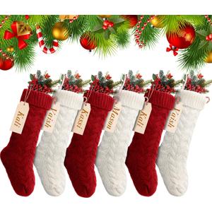Sumind 6 Pack Personalized Christmas Stocking 18'' Large Family Knitted Xmas Stocking with Name Tags Set for Holiday Fireplace Party Decor (Burgundy, Ivory)