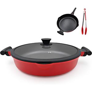 AIKENBBKK Frying Pan Skillet Nonstick with Lid, 14 Inch Large Deep Saute Pan, Big Induction Pan Non Stick, 2-1 Cooking Cookware with Helper Handle, Family Size, Suitable for All Stoves, PFOA-Free, Red