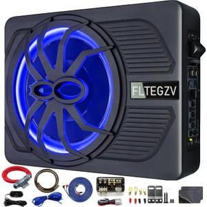 10" 800W Under Seat Car Subwoofer, Slim Powered Speaker with Blue LED Light, Car/Truck Audio Sub Built-in Amplifier, Amp Combo Package, Installation Wire Kit