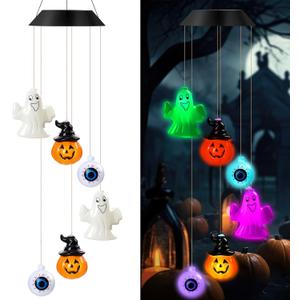Halloween Solar Wind Chimes 27.5Inch Halloween Decorations Outside Waterproof Hanging LED for Yard, Porch, Patio, Party, Color Changing Eyeballs Ghost Lights(Mixed)