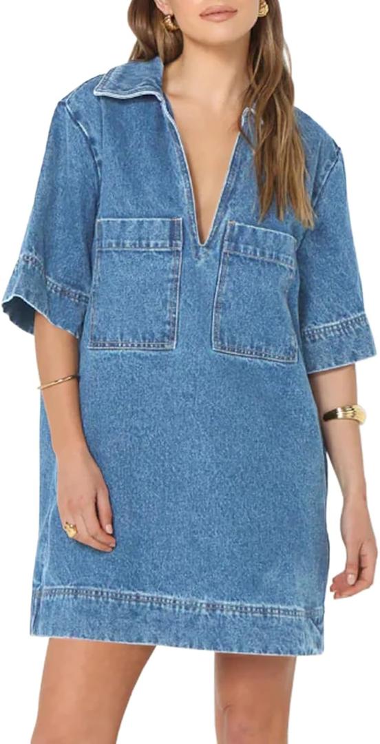 Wenrine Womens Denim Shirt Dress Summer Casual V Neck Short Sleeve Loose Jean Mini Dress (L)