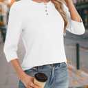 3/4 Length Sleeve Womens Tops Crew Neck Buttons Henley Shirts Tunic T Shirts Loose Fit Work Blouses 2025 Fall Trendy (White, M)