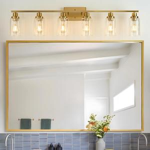Jonsi Brushed Gold Bathroom Light Fixtures, 6-Light Brushed Gold Vanity Light, Bathroom Vanity Light with Stripe Glass Shade, E26 Wall Sconces Over Mirror for Bathroom, Living Room, Hallway