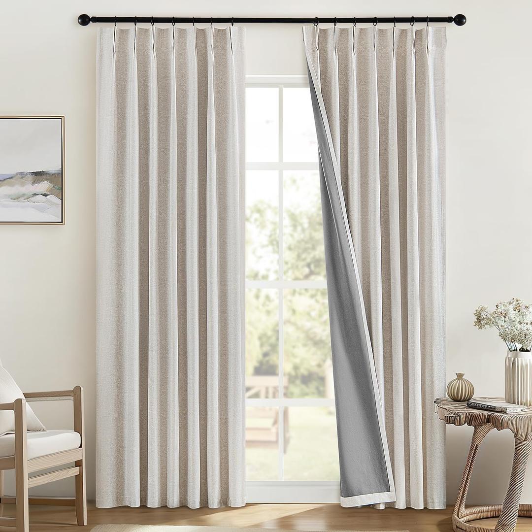 MIULEE Linen Pinch Pleated 100% Blackout Curtains for Bedroom 78 Inch Long 2 Panels Set- Back Tab Track Beige Thermal Insulated Cream Black Out Triple Pleat Room Darkening Drapes with Hooks, Greige