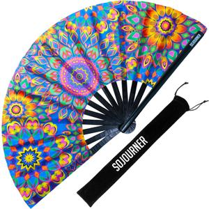 SoJourner Bags Mandala Trippy Wonders Rave Fan - Large Folding Clack Fan for Men and Women - Rave Accessories for EDM, Line Dancing, Cosplay, Concerts and More