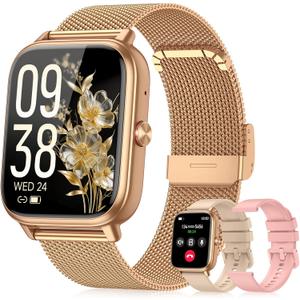 Smart Watch for Women Men- 1000mAh Battery Answer/Make Call, Fitness Step Tracker Watch with Sleep Monitor/Activity Counter/110+ Sport Mode for Andriod iPhone iOS Compatible - 3 Straps, Golden