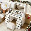 11 Drawers Glass Top Vanity Desk with Chair, Crystal Handles Makeup Vanity with Mirror and Lights, Dressing Table with Power Outlet, Adjustable Lighting Modes, White