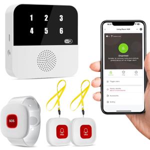 WiFi Caregiver Pager Smart Call System - Display Caller ID & App Alerts, No Monthly Fee, IP65 Waterproof Wristband + 2 Call Buttons, Emergency Alert Button for Elderly at Home & Nursing Care