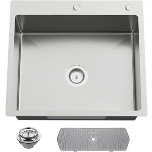 25x22 Inch Stainless Steel Kitchen Sink - Drop In Single Bowl Topmount Modern Kitchen And Bar Sink With Silicon Mat,Drain Strainer Set Compatibility With Various Kitchen&Bar Style