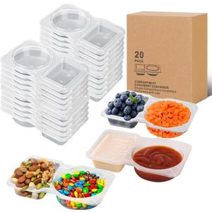 2 x 20 sets Reusable Snack Containers 2 Compartment Condiment Container With Lids Snackle Box Container Portion Control for Refrigeration Sauce,Outdoor Takeaway,Travel
