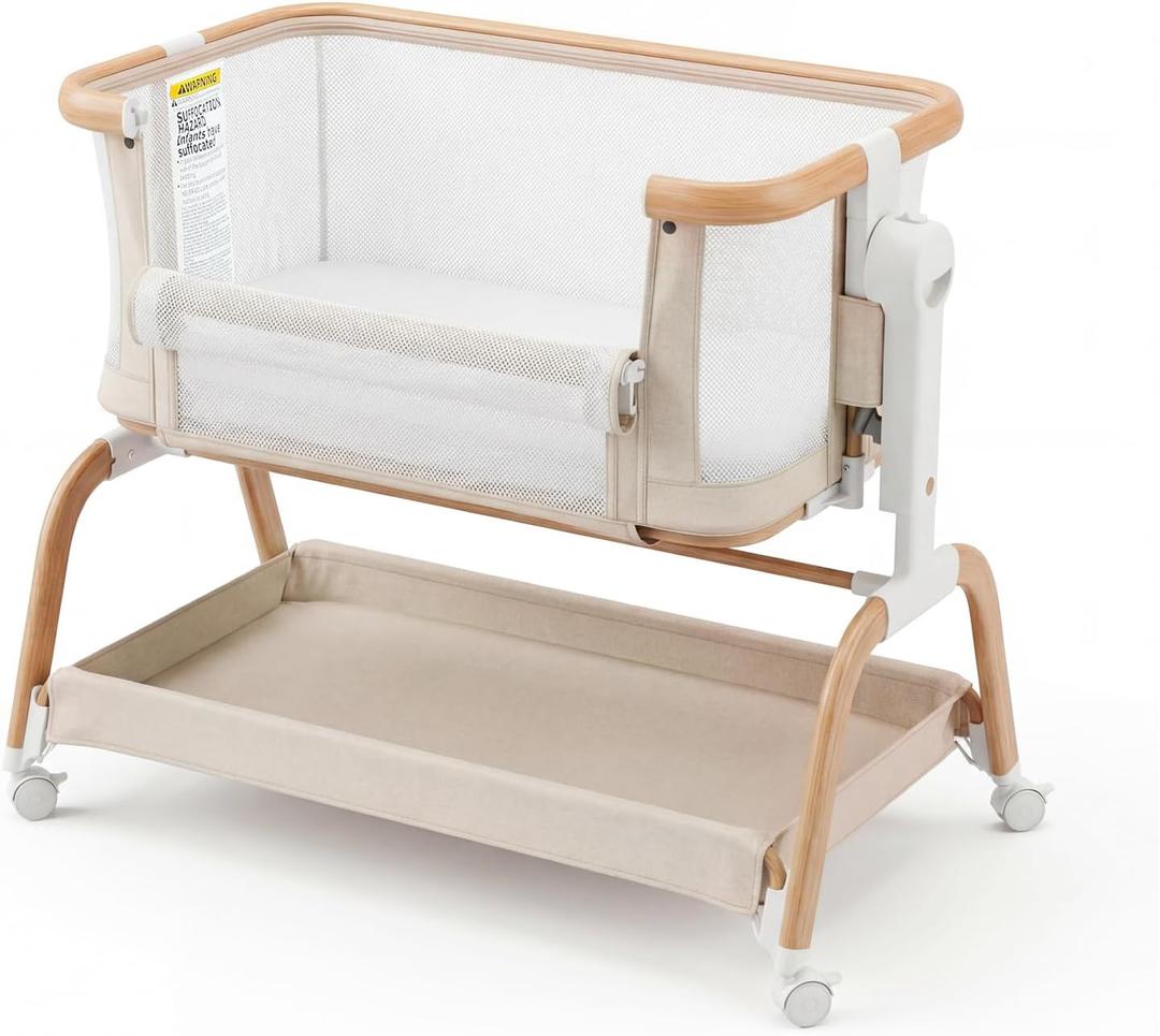 3 in 1 Baby Bassinet,Rocking Bassinets Bedside Sleeper with 6 Adjustable Heights,Breathable Full-Mesh,Comfortable Mattress & Lockable Wheels,Stable Rolling Portable Crib for Newborns(Beige) | Breathable Full-Mesh, Wood Grain Design, V-Shaped Structure
