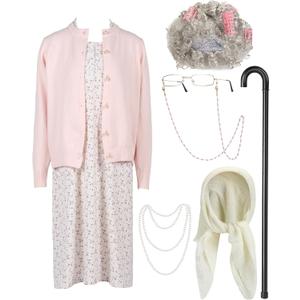 7 Pcs Halloween Old Lady Costume for Women Adult Grandma Costume Outfit Dress Granny Sweater Nightgown Wig (Large, Purple)