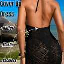 ChiaoLezhee Women's Backless Swimsuit Cover up, Crochet Mesh Halter Mini Dress, Sexy Beach Vacation Outfits, Summer Cute Knit Boho Bathing Bikini Short Clothes See Through, Black, Medium