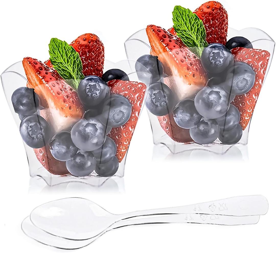 Kingrol 100 Count Mini Dessert Cups with Spoons, 2.3 oz. Disposable Clear Bowls for Mousse, Puddings, Appetizers, Sauces