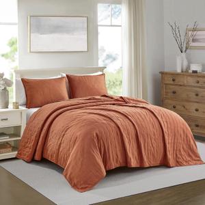 BOURINA Ultrasonic Quilt Set 3-Piece King/CK Bedding Set Pre-Washed Microfiber Ultra Soft Lightweight Star Bedspread Coverlet Set for All Season, Orange