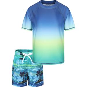 Boys Rash Guard Swimsuits Set for Boys Short Sleeve Swim Shirts with Trunks 2 Piece Quick Dry Swim Set (3-4T, Navy Green Palm), 11/12